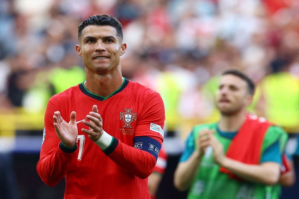 Kapten Timnas Portugal Cristiano Ronaldo di Euro 2024. Update Hasil Portugal vs Slovenia Berakhir Imbang di Babak Pertama / Reuters-Bernadett Szabo